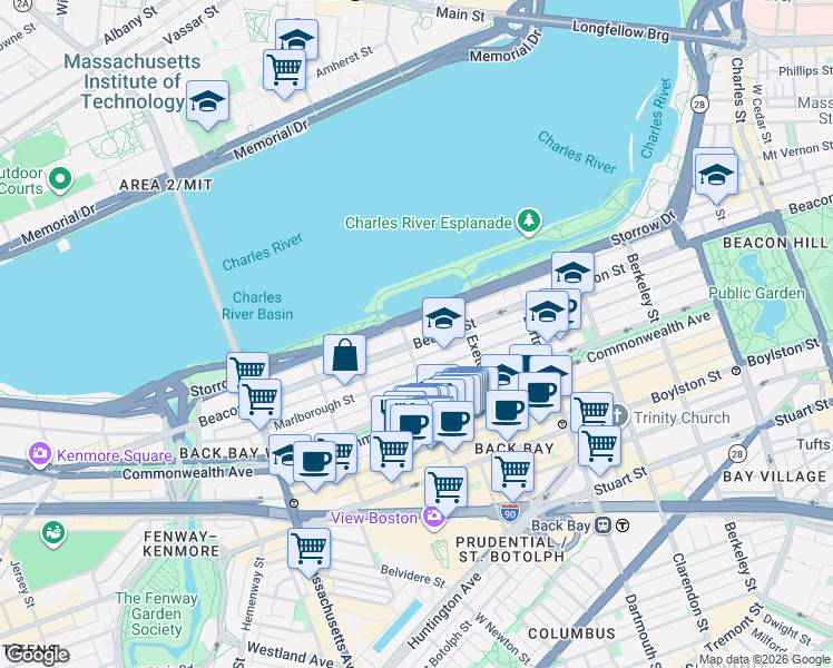 map of restaurants, bars, coffee shops, grocery stores, and more near 10 Fairfield Street in Boston