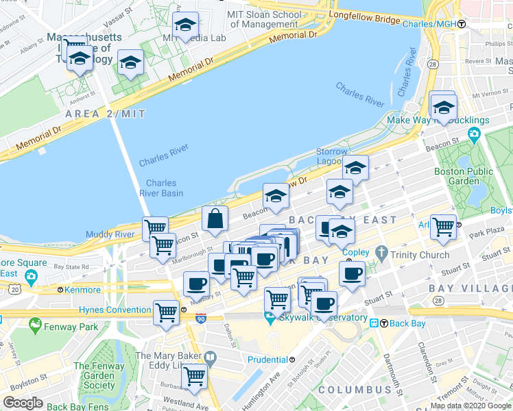 map of restaurants, bars, coffee shops, grocery stores, and more near 10 Fairfield Street in Boston
