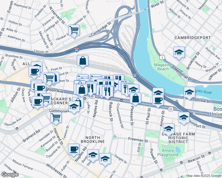 map of restaurants, bars, coffee shops, grocery stores, and more near in Boston