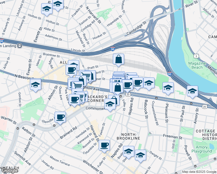 map of restaurants, bars, coffee shops, grocery stores, and more near 39 Brighton Avenue in Boston