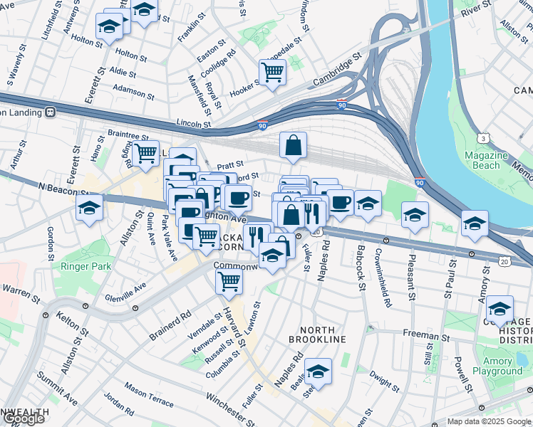 map of restaurants, bars, coffee shops, grocery stores, and more near 39 Brighton Avenue in Boston