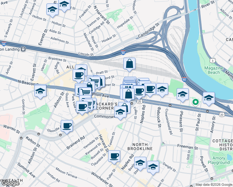 map of restaurants, bars, coffee shops, grocery stores, and more near 39 Brighton Avenue in Boston