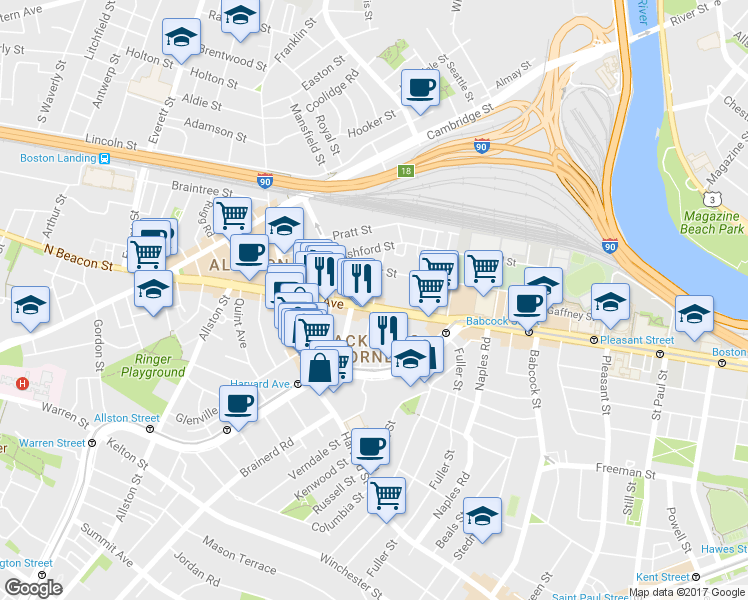 map of restaurants, bars, coffee shops, grocery stores, and more near 66 Brighton Avenue in Boston