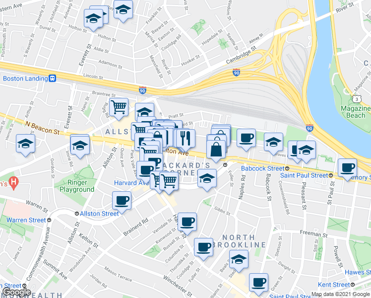 map of restaurants, bars, coffee shops, grocery stores, and more near 66 Brighton Avenue in Boston