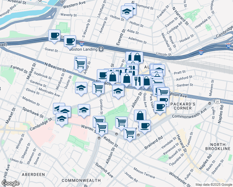 map of restaurants, bars, coffee shops, grocery stores, and more near 1 Islington Street in Boston