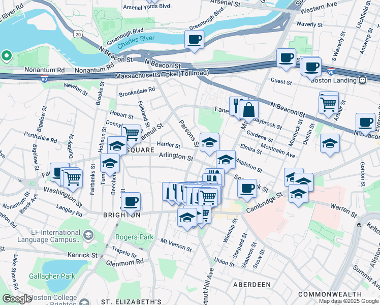 map of restaurants, bars, coffee shops, grocery stores, and more near 73 Parsons Street in Boston