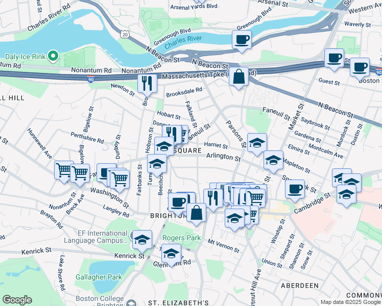 map of restaurants, bars, coffee shops, grocery stores, and more near 136 Arlington Street in Boston