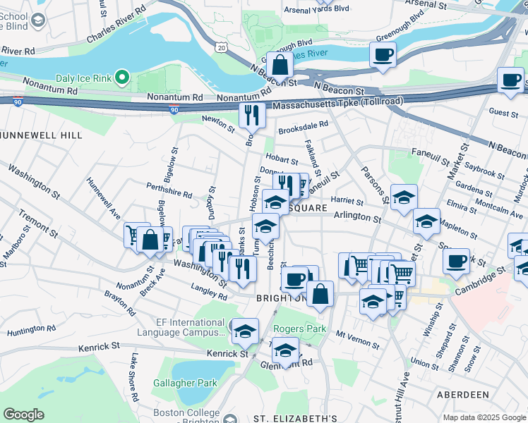 map of restaurants, bars, coffee shops, grocery stores, and more near 278 Faneuil Street in Boston