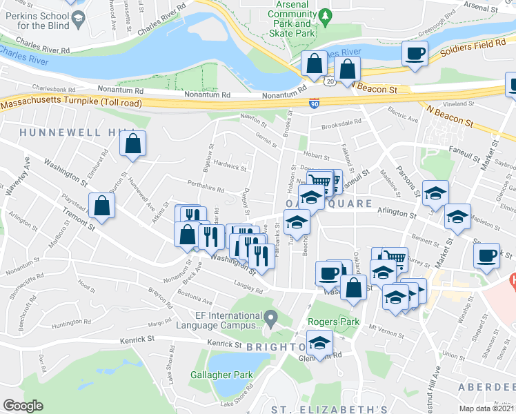 map of restaurants, bars, coffee shops, grocery stores, and more near 335 Faneuil Street in Boston