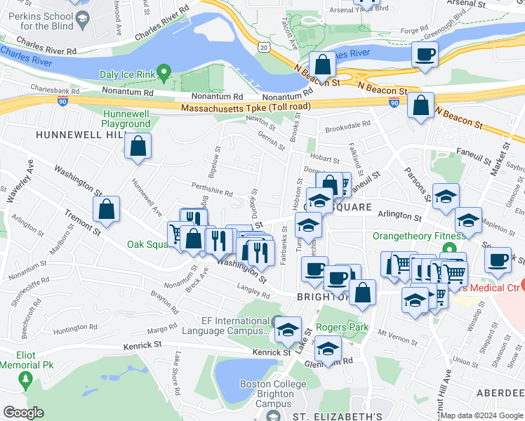 map of restaurants, bars, coffee shops, grocery stores, and more near 335 Faneuil Street in Boston