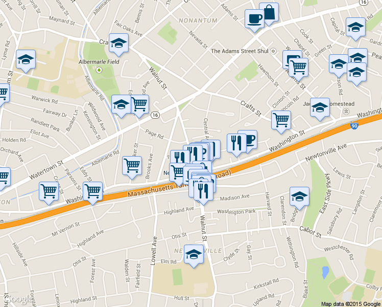 map of restaurants, bars, coffee shops, grocery stores, and more near 227 Walnut Street in Newton