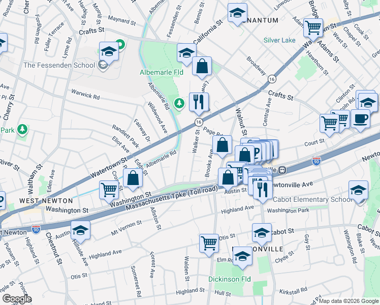 map of restaurants, bars, coffee shops, grocery stores, and more near 66 Walker Street in Newton