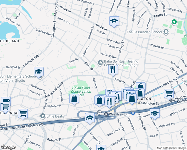 map of restaurants, bars, coffee shops, grocery stores, and more near 24 Auburndale Avenue in Newton