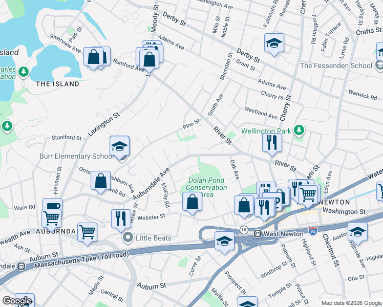 map of restaurants, bars, coffee shops, grocery stores, and more near 104 Auburndale Avenue in Newton