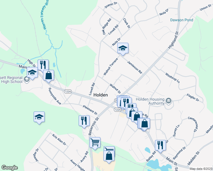 map of restaurants, bars, coffee shops, grocery stores, and more near 40 Maple Street in Holden