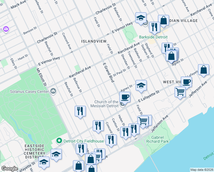 map of restaurants, bars, coffee shops, grocery stores, and more near 1465 Helen Street in Detroit