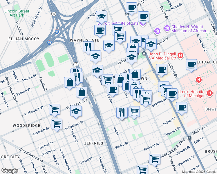 map of restaurants, bars, coffee shops, grocery stores, and more near 4626 3rd Avenue in Detroit
