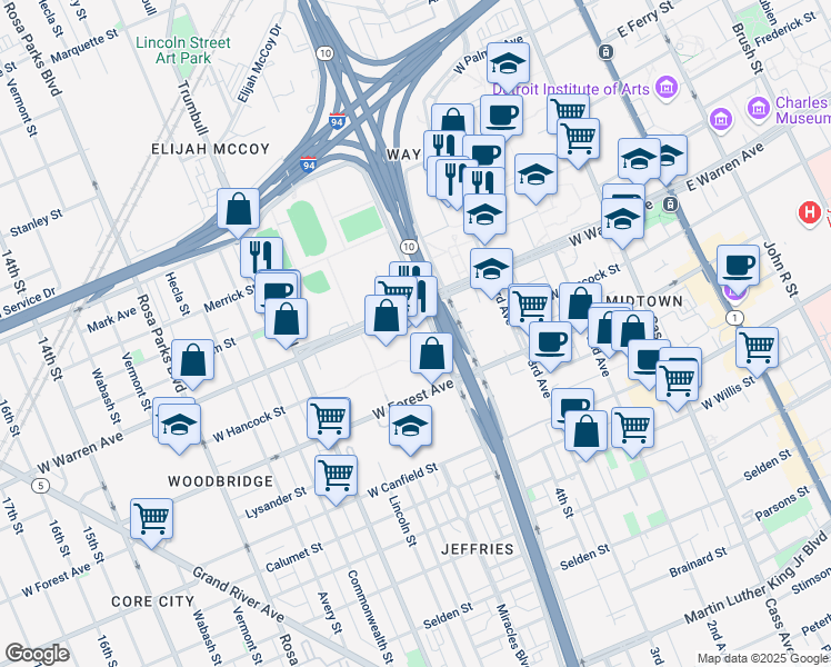 map of restaurants, bars, coffee shops, grocery stores, and more near 1131 West Warren Avenue in Detroit