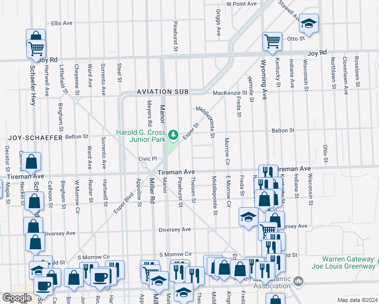 map of restaurants, bars, coffee shops, grocery stores, and more near 8050 Pinehurst Street in Detroit