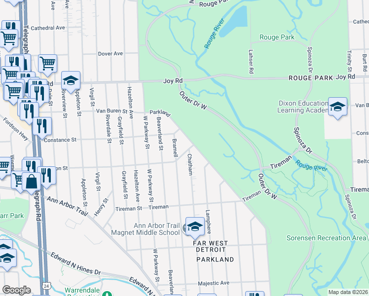 map of restaurants, bars, coffee shops, grocery stores, and more near 22570 Belton Street in Detroit