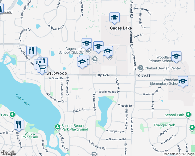map of restaurants, bars, coffee shops, grocery stores, and more near 18026 West Kewaunee Drive in Grayslake