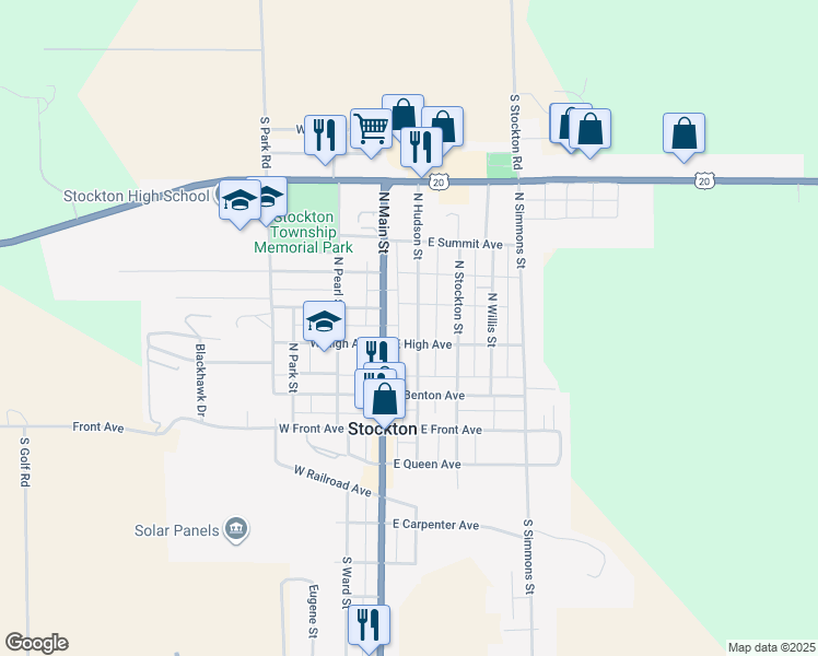 map of restaurants, bars, coffee shops, grocery stores, and more near 133 East High Avenue in Stockton
