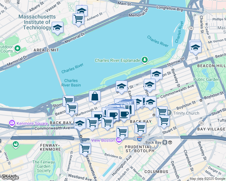map of restaurants, bars, coffee shops, grocery stores, and more near 10 Fairfield Street in Boston