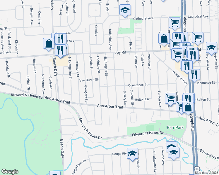 map of restaurants, bars, coffee shops, grocery stores, and more near 8312 Nightingale Street in Dearborn Heights
