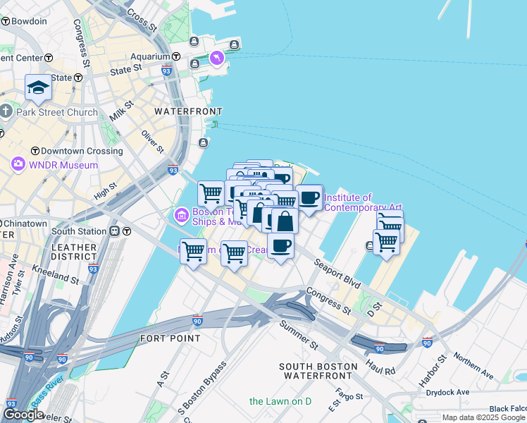 map of restaurants, bars, coffee shops, grocery stores, and more near 7 Fan Pier Boulevard in Boston