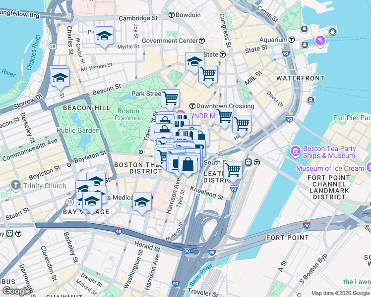 map of restaurants, bars, coffee shops, grocery stores, and more near 110 Chauncy Street in Boston
