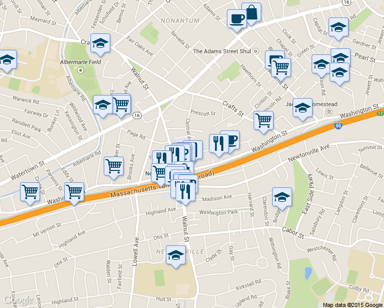 map of restaurants, bars, coffee shops, grocery stores, and more near Central Avenue & Court Street in Newton