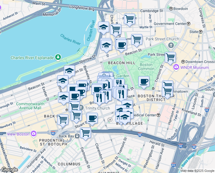 map of restaurants, bars, coffee shops, grocery stores, and more near 5 Newbury Street in Boston