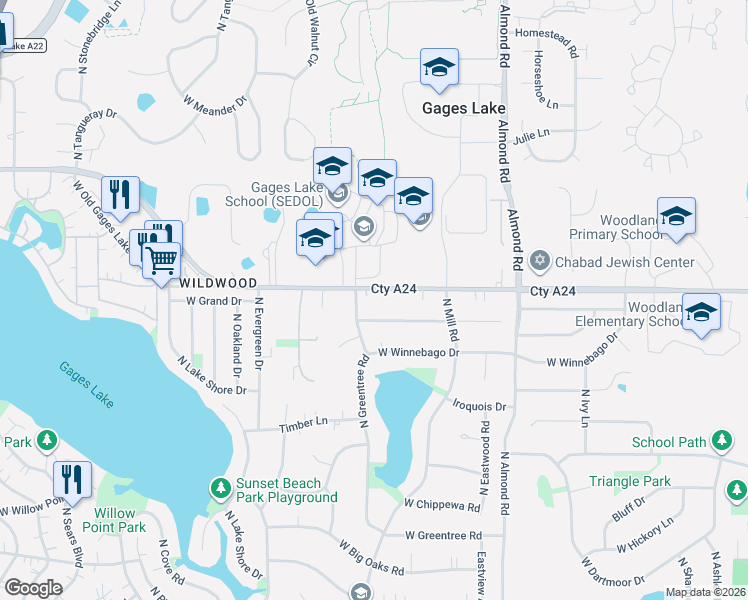 map of restaurants, bars, coffee shops, grocery stores, and more near 18026 West Kewaunee Drive in Grayslake
