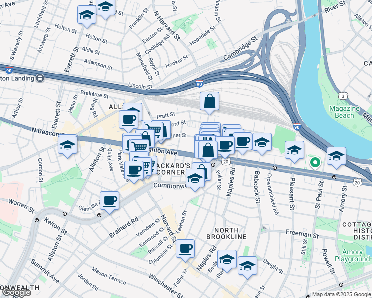 map of restaurants, bars, coffee shops, grocery stores, and more near 55 Brighton Avenue in Boston