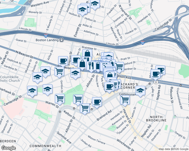 map of restaurants, bars, coffee shops, grocery stores, and more near 21 Quint Avenue in Boston