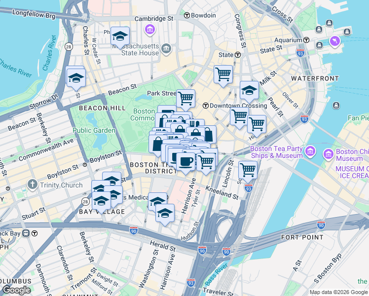 map of restaurants, bars, coffee shops, grocery stores, and more near 4 Avery Street in Boston