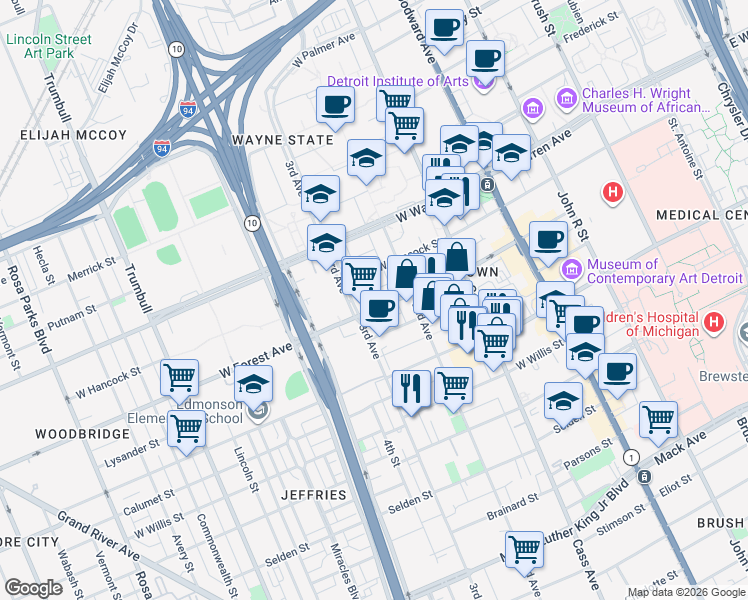 map of restaurants, bars, coffee shops, grocery stores, and more near 666 West Forest Avenue in Detroit