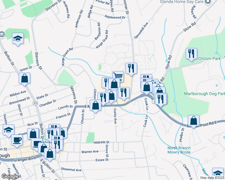 map of restaurants, bars, coffee shops, grocery stores, and more near 222 East Main Street in Marlborough