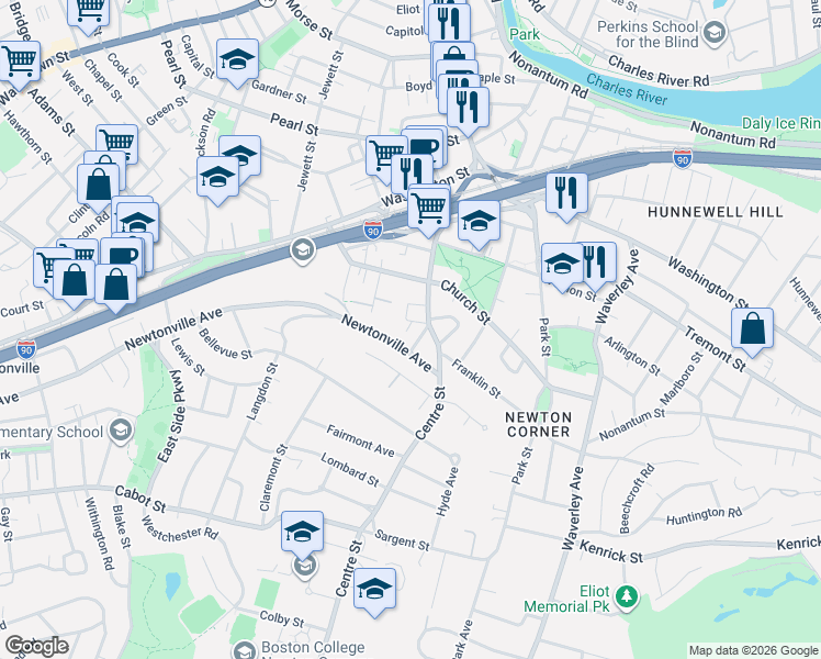 map of restaurants, bars, coffee shops, grocery stores, and more near 9 Mount Ida Street in Newton