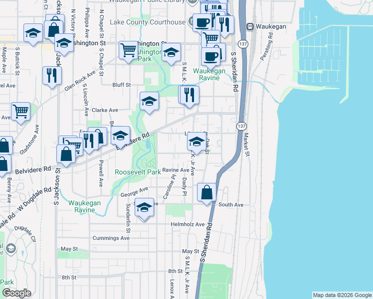 map of restaurants, bars, coffee shops, grocery stores, and more near 311 McKinley Avenue in Waukegan