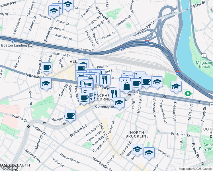 map of restaurants, bars, coffee shops, grocery stores, and more near 66 Brighton Avenue in Boston