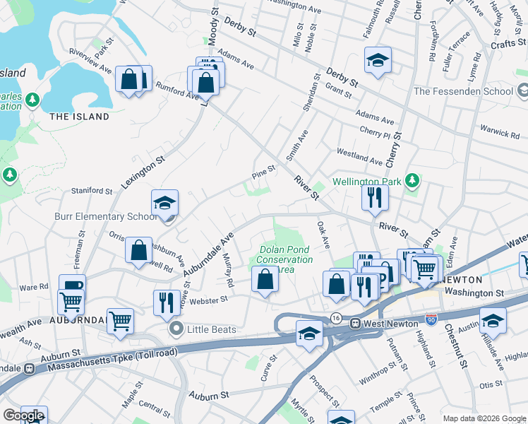 map of restaurants, bars, coffee shops, grocery stores, and more near 104 Auburndale Avenue in Newton