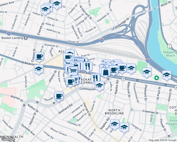 map of restaurants, bars, coffee shops, grocery stores, and more near 71 Brighton Avenue in Boston