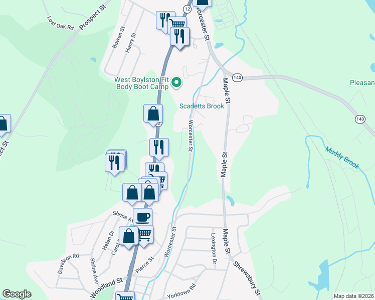 map of restaurants, bars, coffee shops, grocery stores, and more near 256 Worcester Street in West Boylston