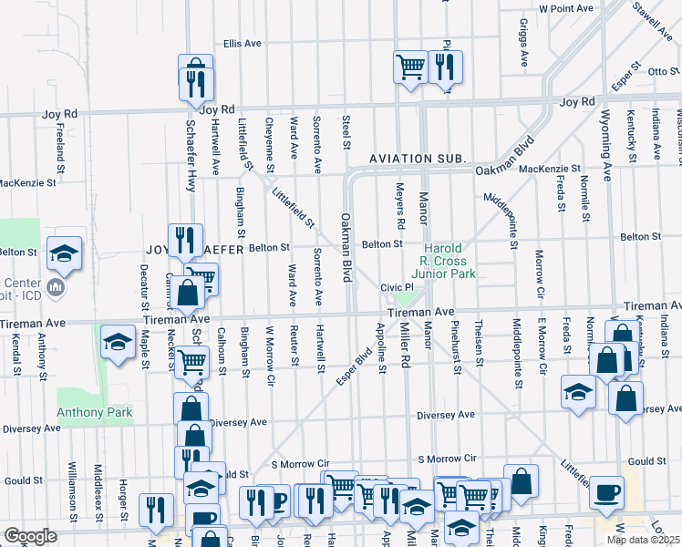 map of restaurants, bars, coffee shops, grocery stores, and more near 6670 Oakman Boulevard in Detroit