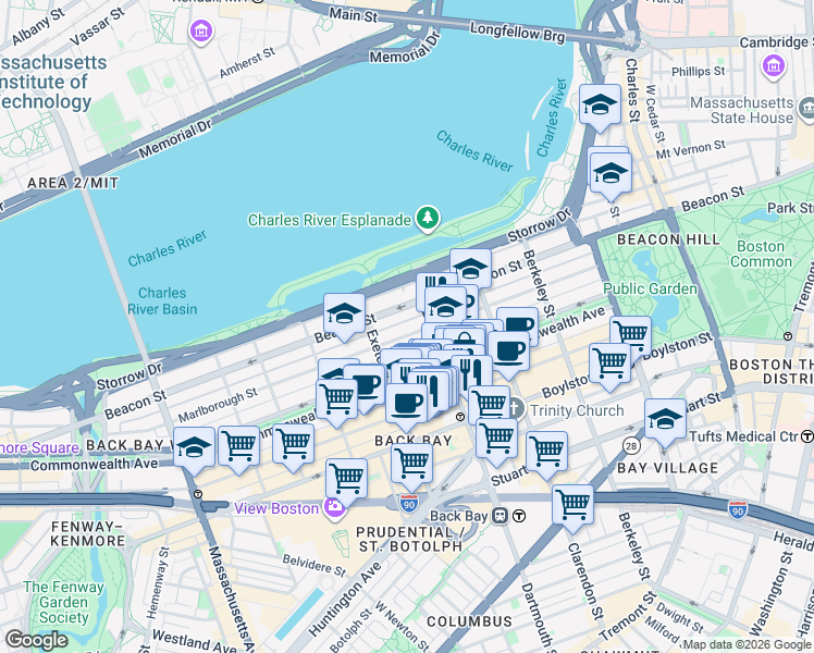 map of restaurants, bars, coffee shops, grocery stores, and more near 312 Dartmouth Street in Boston