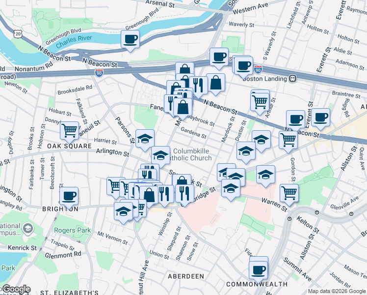 map of restaurants, bars, coffee shops, grocery stores, and more near 90 Glencoe Street in Boston