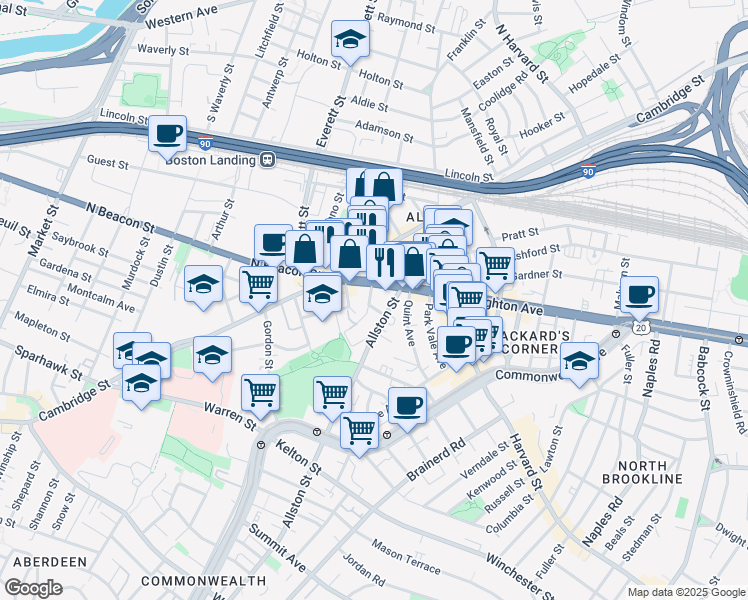 map of restaurants, bars, coffee shops, grocery stores, and more near 21-23 Higgins Street in Boston