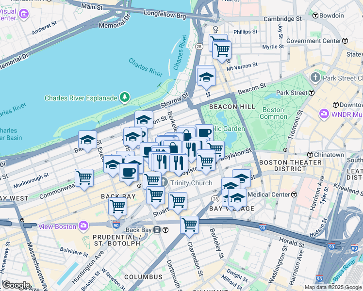 map of restaurants, bars, coffee shops, grocery stores, and more near Massachusetts 2 & Berkeley Street in Boston