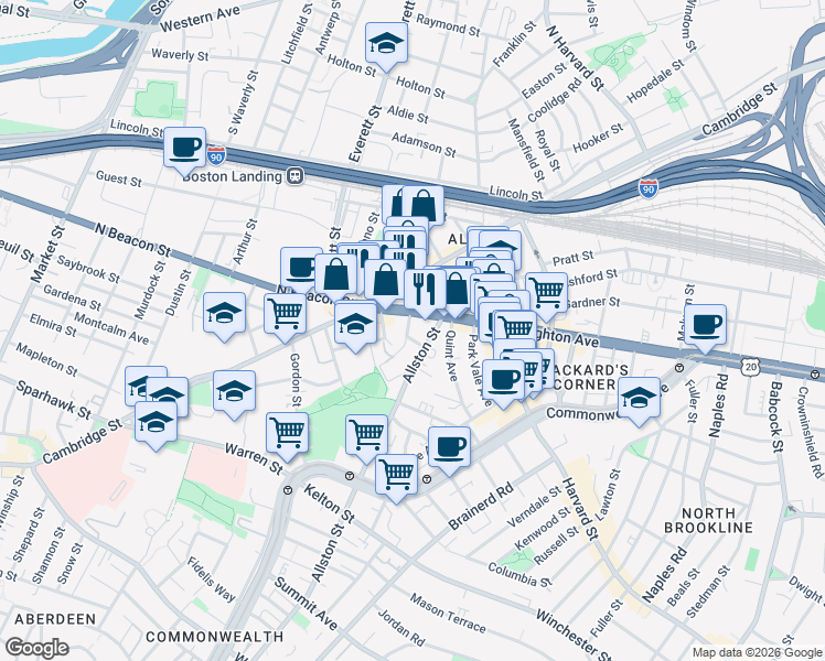 map of restaurants, bars, coffee shops, grocery stores, and more near 21-23 Higgins Street in Boston